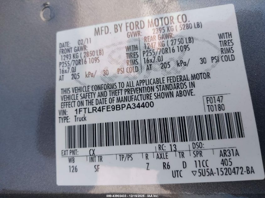 2011 Ford Ranger Sport VIN: 1FTLR4FE9BPA34400 Lot: 43903433