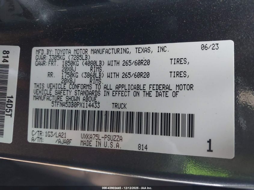 2023 Toyota Tundra Platinum VIN: 5TFNA5DB0PX114433 Lot: 43903445