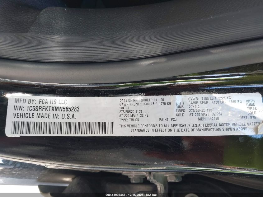 2021 Ram 1500 Limited Longhorn 4X4 5'7 Box VIN: 1C6SRFKTXMN565283 Lot: 43903446