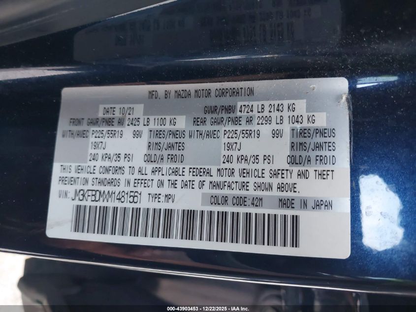 2021 Mazda Cx-5 Grand Touring VIN: JM3KFBDMXM1481561 Lot: 43903453