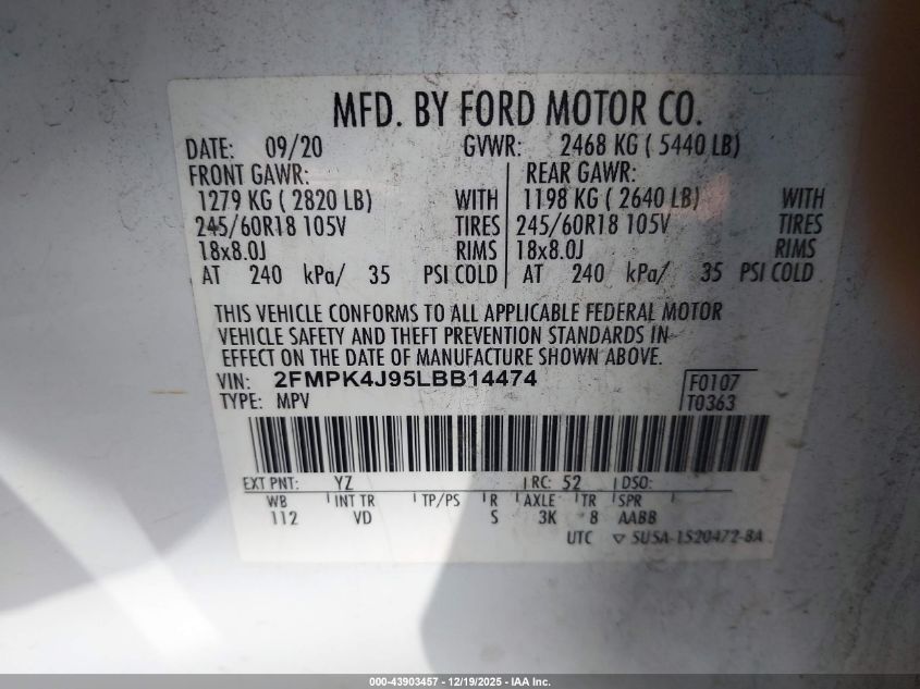 2020 Ford Edge Sel VIN: 2FMPK4J95LBB14474 Lot: 43903457