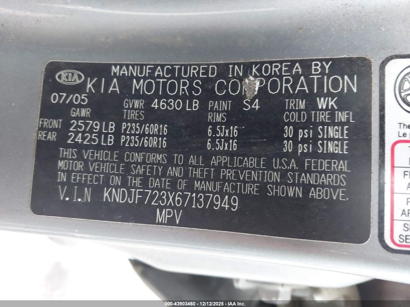 2006 Kia Sportage Ex V6/Lx V6 VIN: KNDJF723X67137949 Lot: 43903460