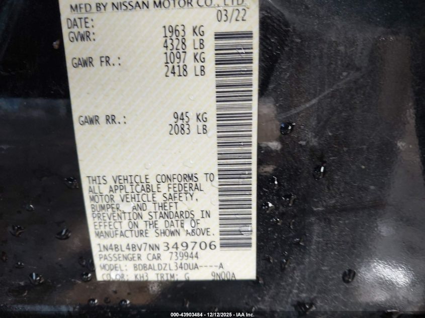 2022 Nissan Altima S Fwd VIN: 1N4BL4BV7NN349706 Lot: 43903484