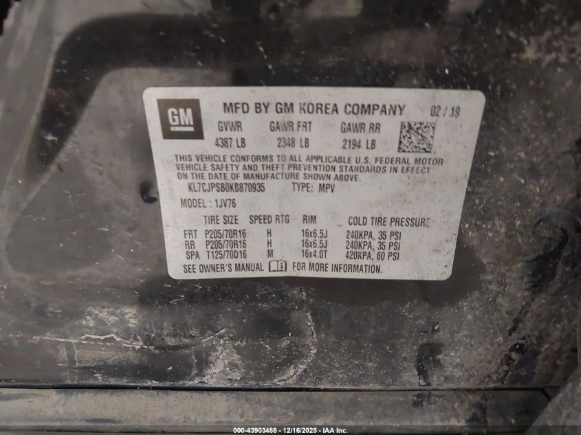 2019 Chevrolet Trax Lt VIN: KL7CJPSB0KB870935 Lot: 43903486