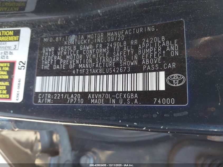 2020 Toyota Camry Xle Hybrid VIN: 4T1F31AK8LU542673 Lot: 43903499