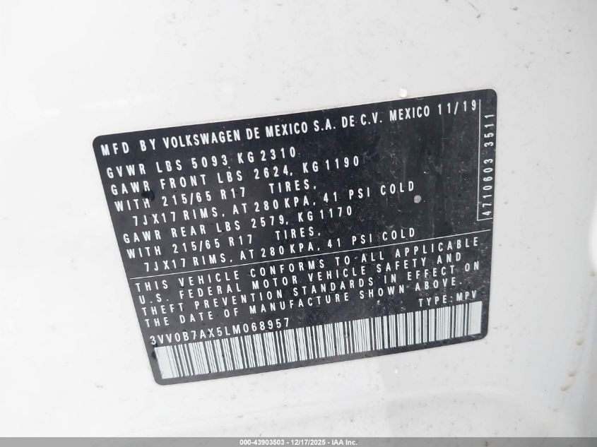 2020 Volkswagen Tiguan 2.0T S VIN: 3VV0B7AX5LM068957 Lot: 43903503