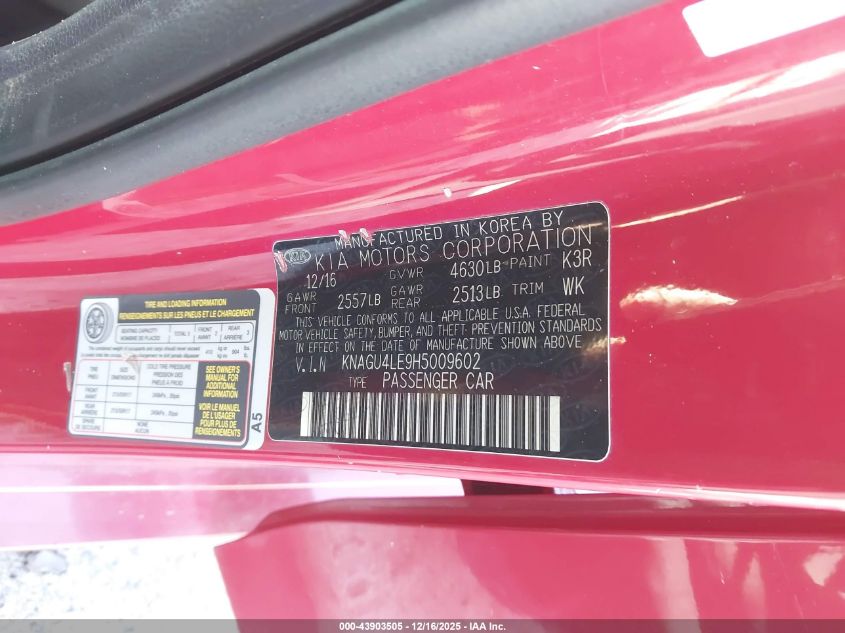 2017 Kia Optima Hybrid Ex VIN: KNAGU4LE9H5009602 Lot: 43903505