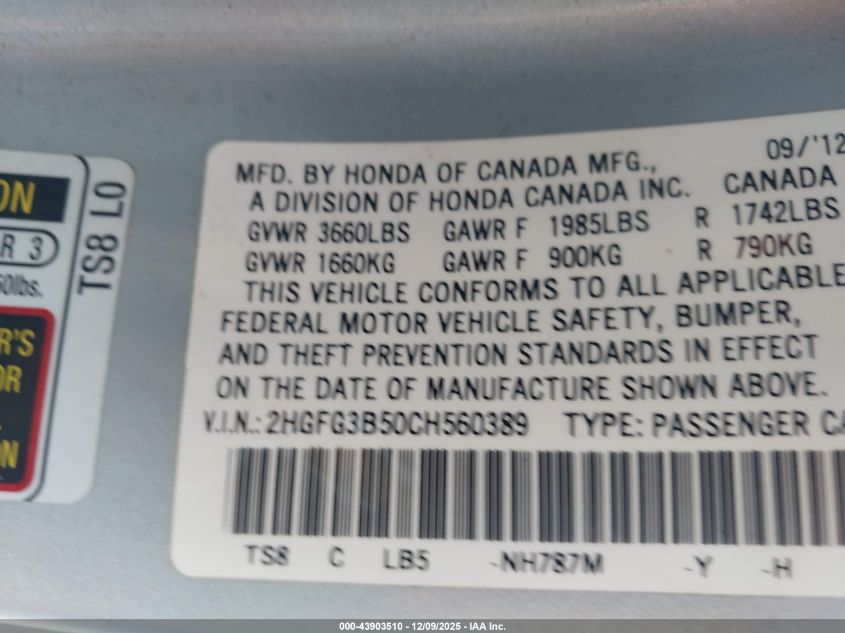 2012 Honda Civic Lx VIN: 2HGFG3B50CH560389 Lot: 43903510