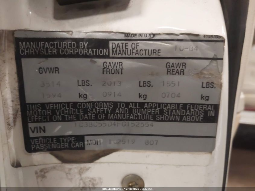 1985 Chrysler Lebaron VIN: 1C3BC55D4FG152554 Lot: 43903513