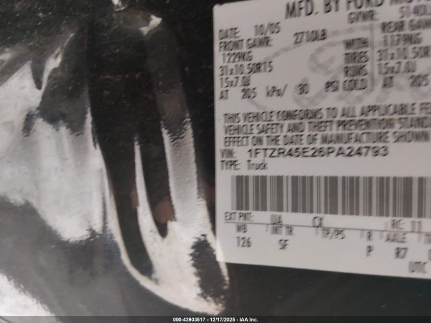 2006 Ford Ranger Fx4 Level Ii/Fx4 Off-Road/Sport/Xlt VIN: 1FTZR45E26PA24793 Lot: 43903517