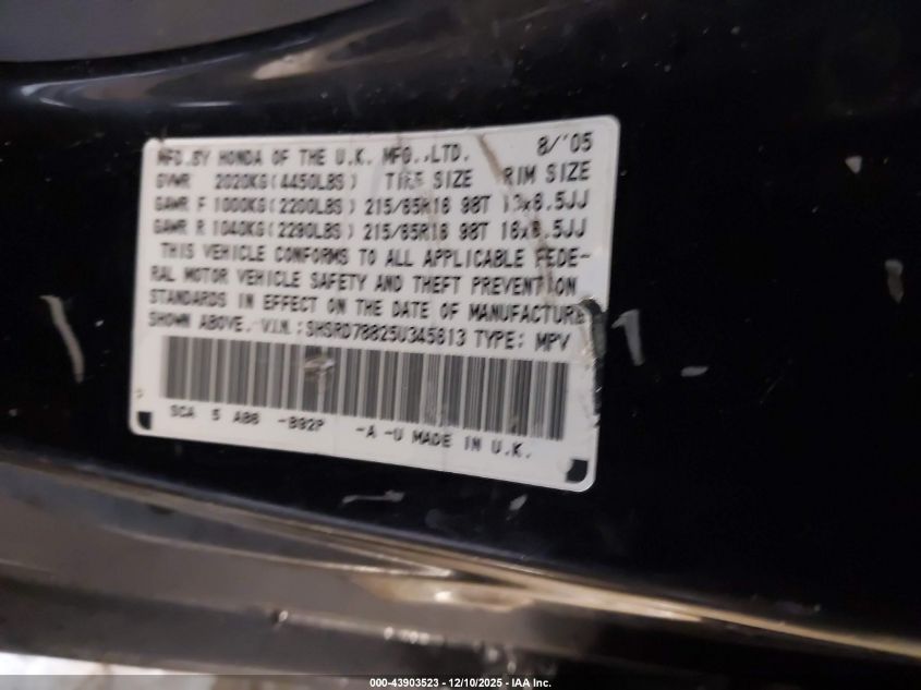 2005 Honda Cr-V Ex VIN: SHSRD78825U345613 Lot: 43903523