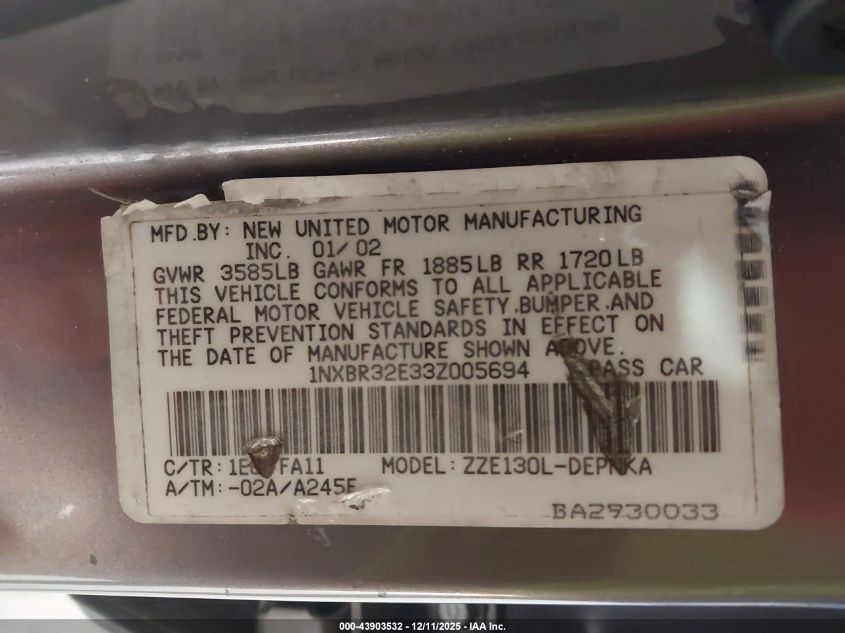 2003 Toyota Corolla Le VIN: 1NXBR32E33Z005694 Lot: 43903532