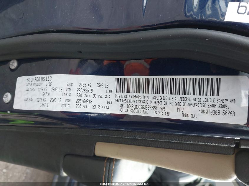 2016 Jeep Cherokee Limited VIN: 1C4PJMDS3GW237720 Lot: 43903535