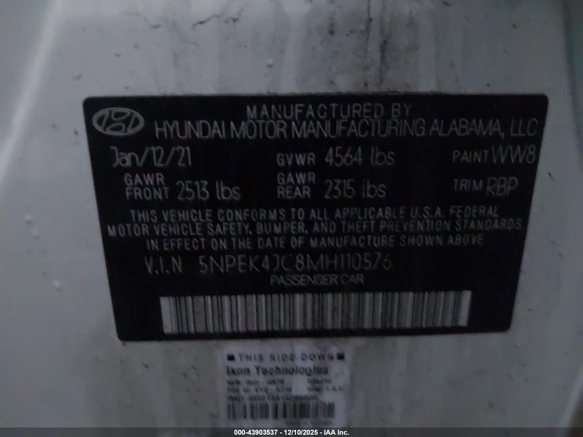 5NPEK4JC8MH110576 2021 HYUNDAI SONATA photo no. 9