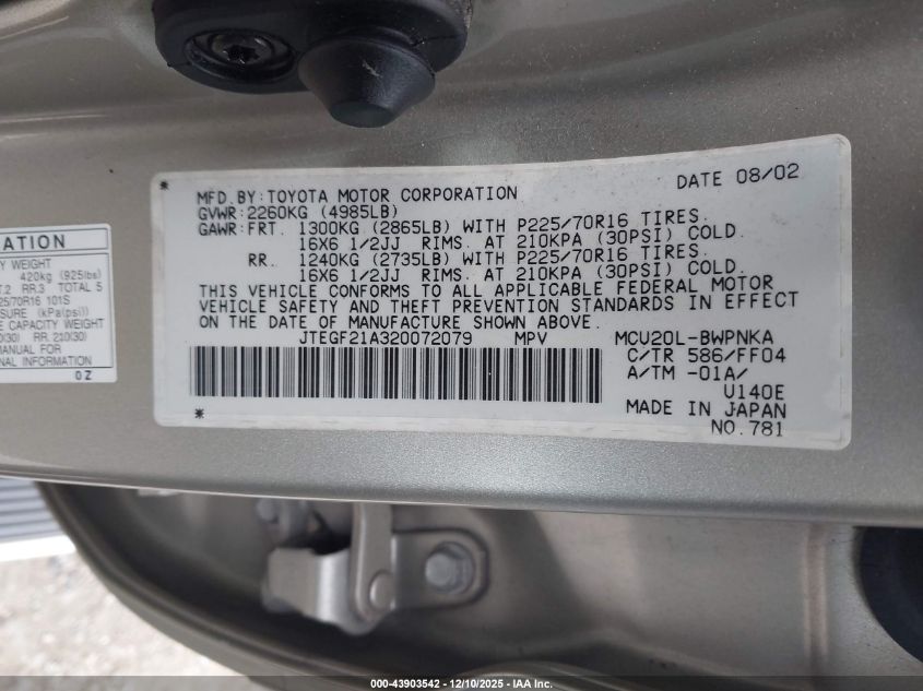 2002 Toyota Highlander Limited V6 VIN: JTEGF21A320072079 Lot: 43903542