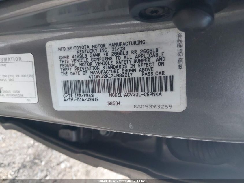 2003 Toyota Camry Le VIN: 4T1BE32K13U682017 Lot: 43903549