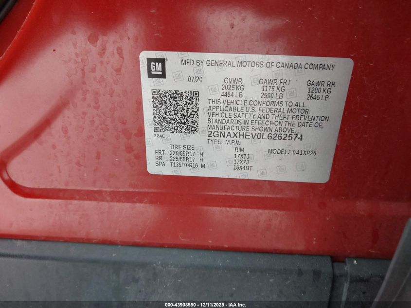2020 Chevrolet Equinox Fwd Ls VIN: 2GNAXHEV0L6262574 Lot: 43903550