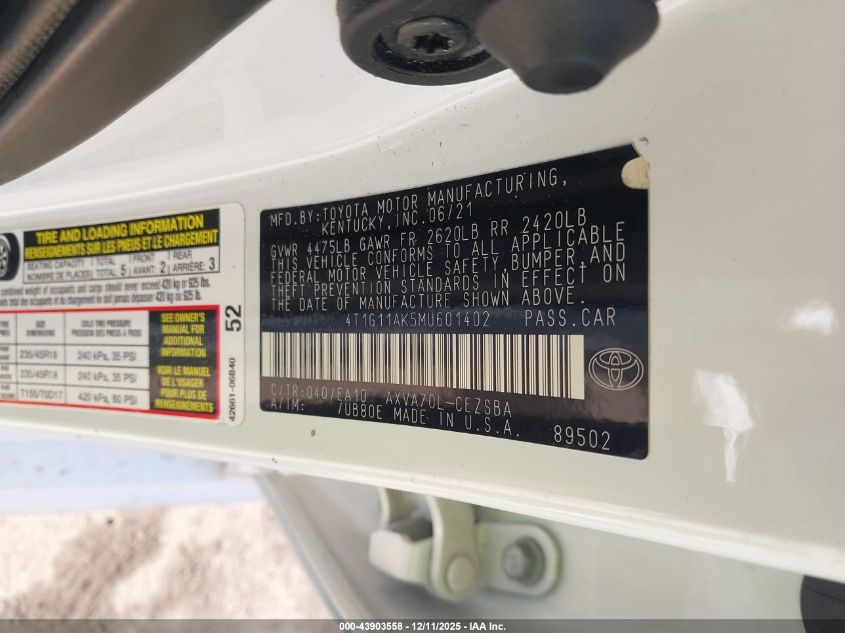 2021 Toyota Camry Se VIN: 4T1G11AK5MU601402 Lot: 43903558