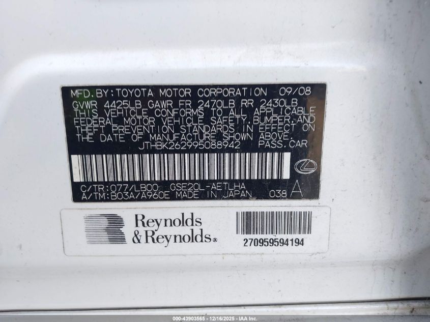 2009 Lexus Is 250 VIN: JTHBK262995088942 Lot: 43903565