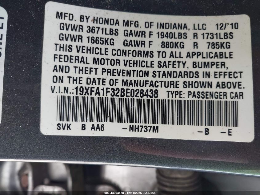 2011 Honda Civic Vp VIN: 19XFA1F32BE028438 Lot: 43903578