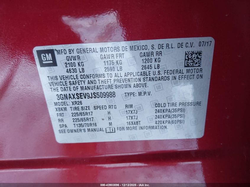 2018 Chevrolet Equinox Lt VIN: 3GNAXSEV9JS509988 Lot: 43903596