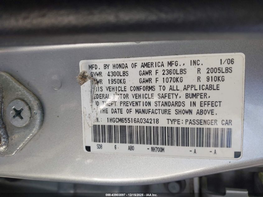 2006 Honda Accord 3.0 Ex VIN: 1HGCM65516A034218 Lot: 43903597