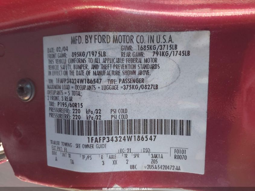 2004 Ford Focus Se VIN: 1FAFP34324W186547 Lot: 43903598