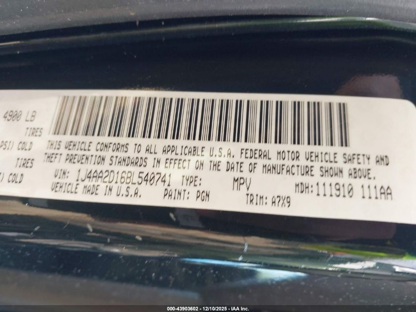 2011 Jeep Wrangler Sport VIN: 1J4AA2D16BL540741 Lot: 43903602