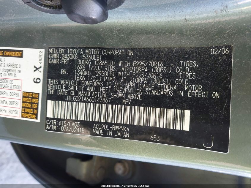 2006 Toyota Highlander VIN: JTEGD21A660143867 Lot: 43903606