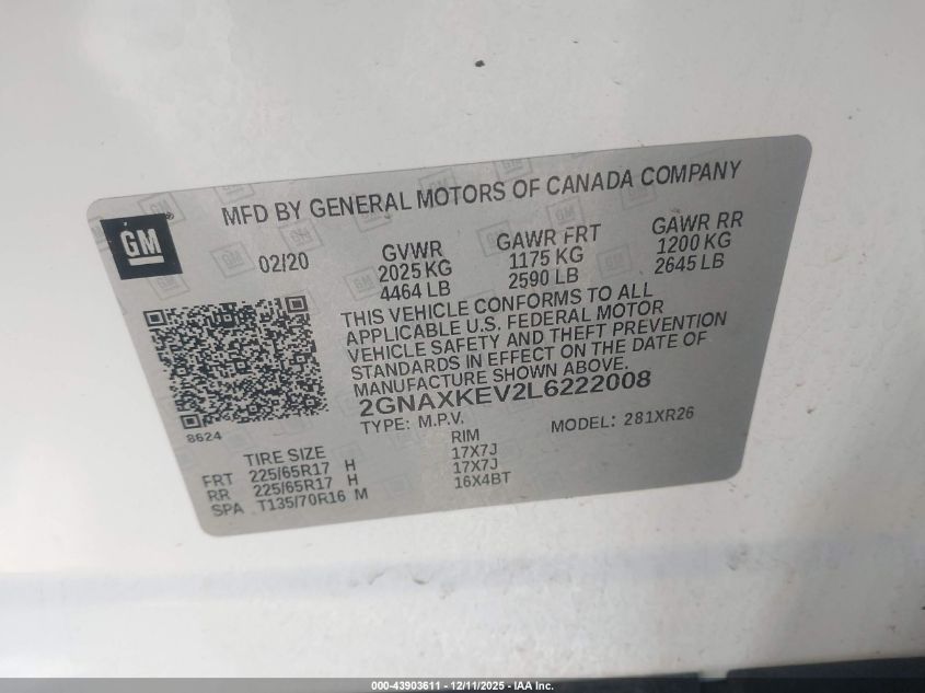 2020 Chevrolet Equinox Fwd Lt 1.5L Turbo VIN: 2GNAXKEV2L6222008 Lot: 43903611