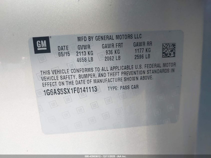 2015 Cadillac Cts Performance VIN: 1G6AS5SX1F0141113 Lot: 43903612