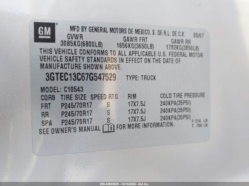 2007 GMC Sierra 1500 Sl VIN: 3GTEC13C67G547529 Lot: 43903620