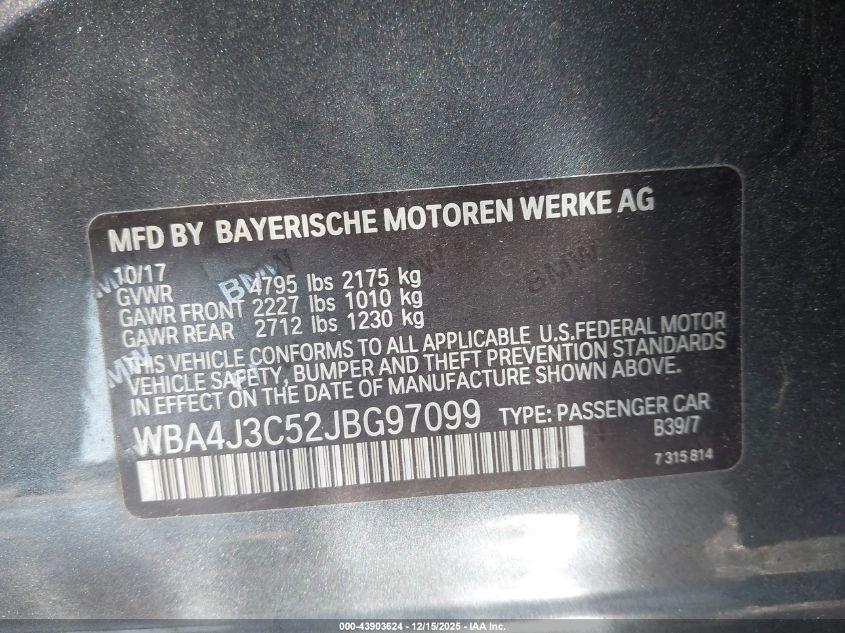 2018 BMW 430I Gran Coupe xDrive VIN: WBA4J3C52JBG97099 Lot: 43903624