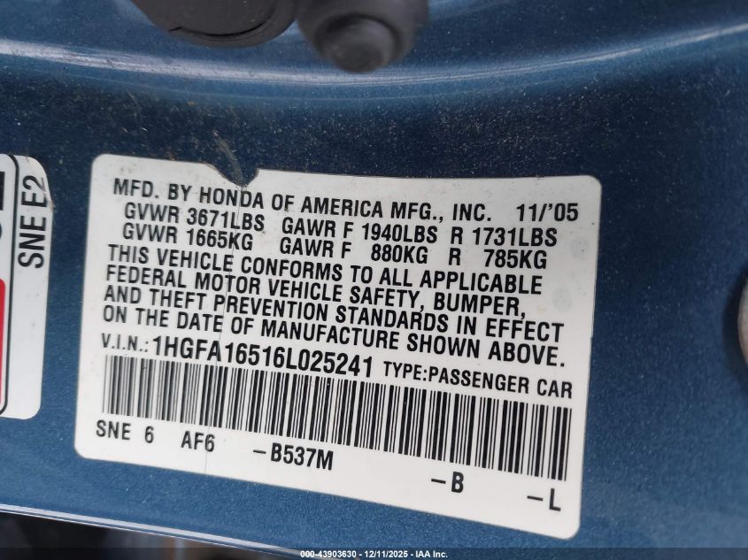 2006 Honda Civic Lx VIN: 1HGFA16516L025241 Lot: 43903630