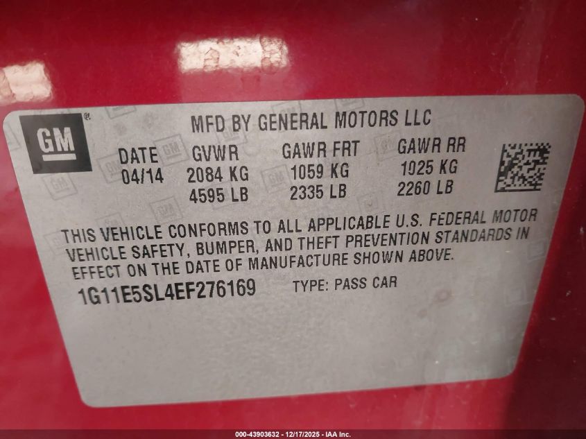 2014 Chevrolet Malibu 2Lt VIN: 1G11E5SL4EF276169 Lot: 43903632