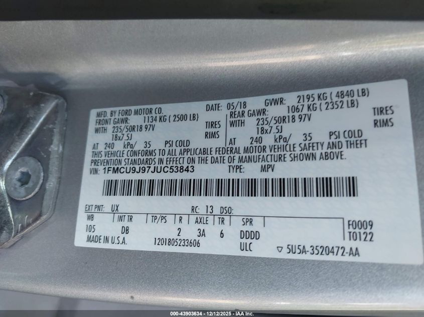 2018 Ford Escape Titanium VIN: 1FMCU9J97JUC53843 Lot: 43903634