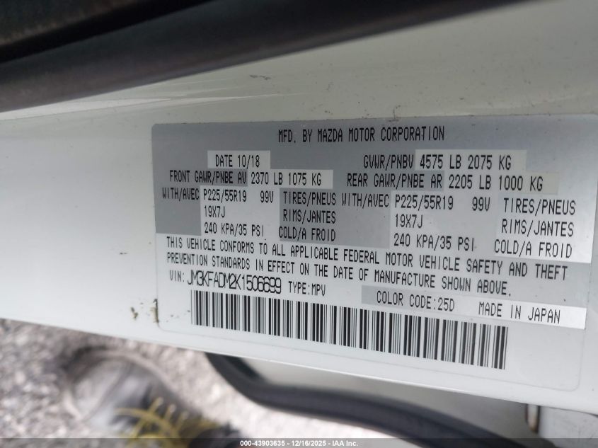 2019 Mazda Cx-5 Grand Touring VIN: JM3KFADM2K1506699 Lot: 43903635