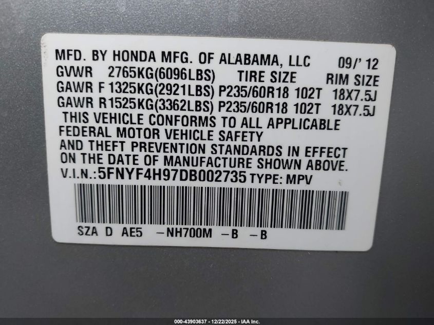 2013 Honda Pilot Touring VIN: 5FNYF4H97DB002735 Lot: 43903637