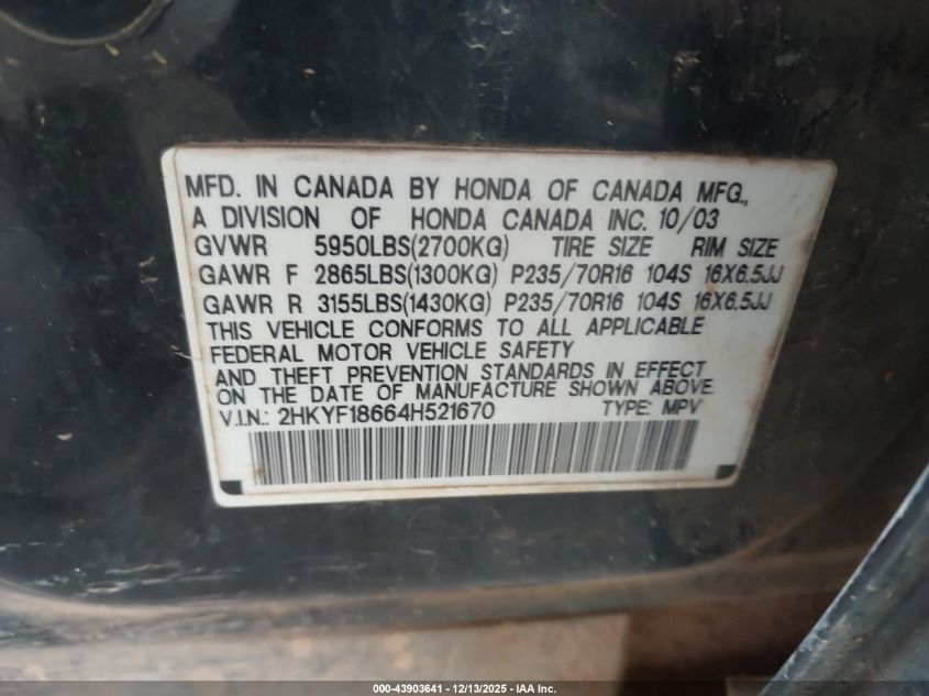 2004 Honda Pilot Ex-L VIN: 2HKYF18664H521670 Lot: 43903641