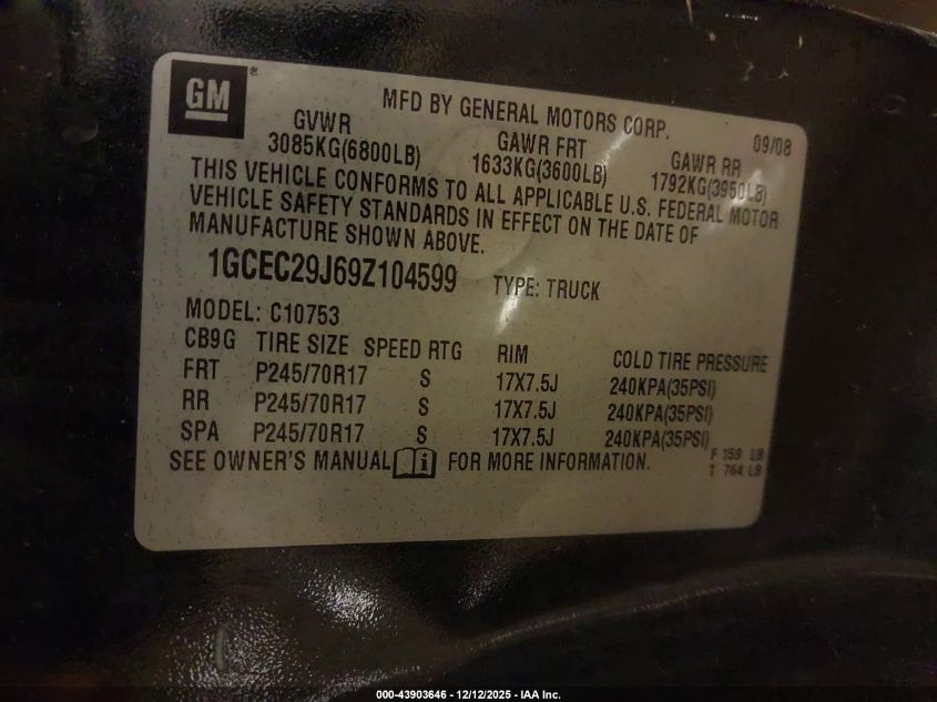 2009 Chevrolet Silverado 1500 Lt VIN: 1GCEC29J69Z104599 Lot: 43903646