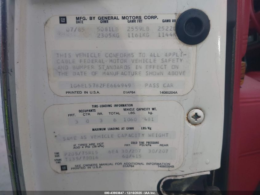 1985 Cadillac Eldorado VIN: 1G6EL5782FE66949 Lot: 43903647