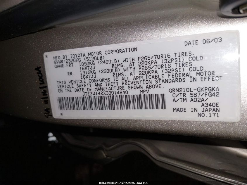 2003 Toyota 4Runner Sr5 V6 VIN: JTEZU14RX30014840 Lot: 43903651