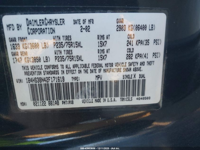 2002 Dodge Durango Sport VIN: 1B4HS38N42F171619 Lot: 43903656