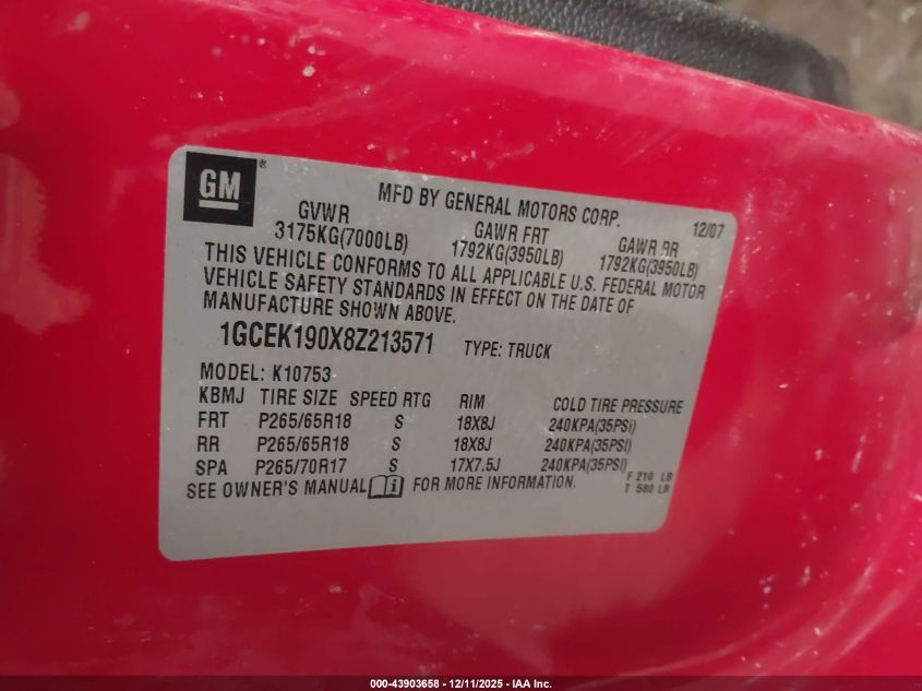2008 Chevrolet Silverado 1500 Lt1 VIN: 1GCEK190X8Z213571 Lot: 43903658