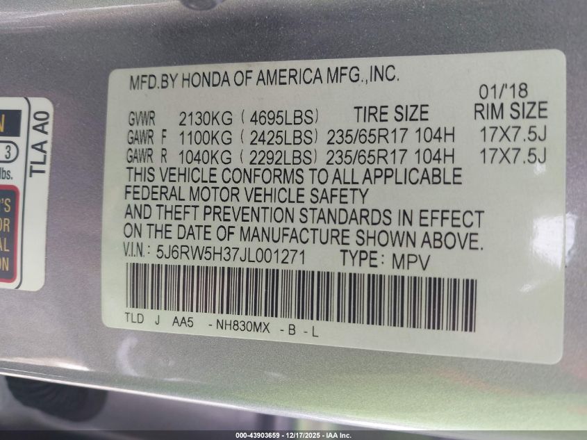 2018 Honda Cr-V Lx VIN: 5J6RW5H37JL001271 Lot: 43903659