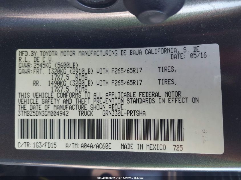 2016 Toyota Tacoma Trd Sport VIN: 3TMBZ5DN3GM004942 Lot: 43903662