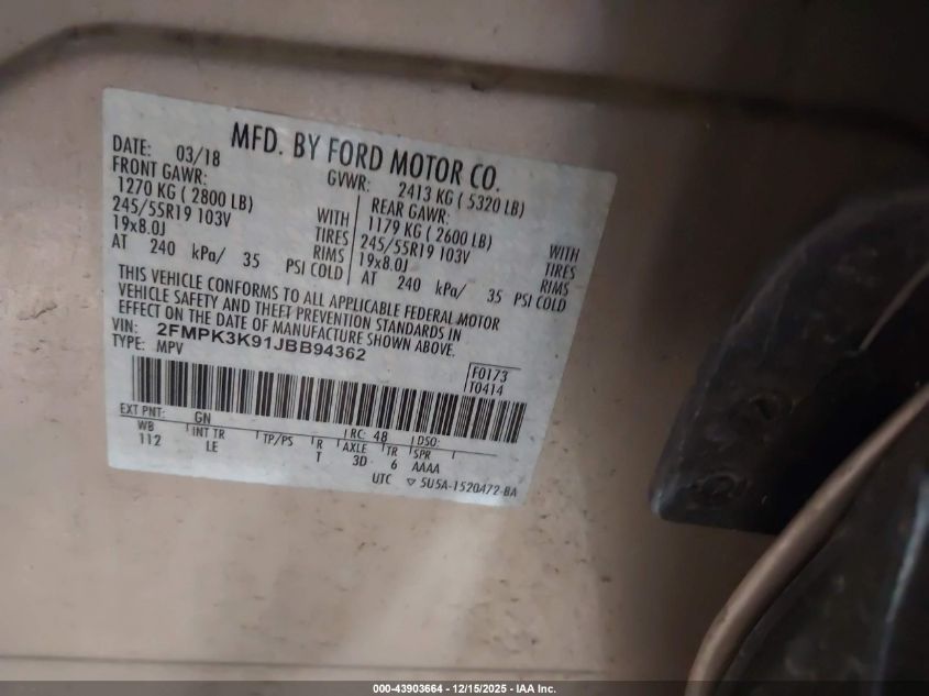 2018 Ford Edge Titanium VIN: 2FMPK3K91JBB94362 Lot: 43903664