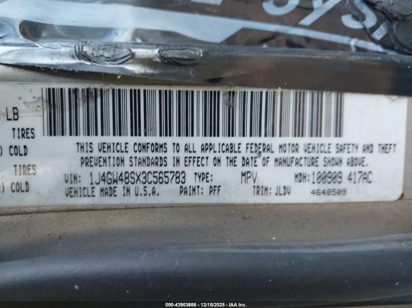 2003 Jeep Grand Cherokee Laredo VIN: 1J4GW48SX3C565783 Lot: 43903666