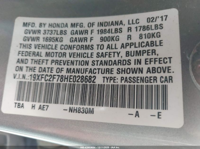 2017 Honda Civic Ex VIN: 19XFC2F78HE028682 Lot: 43903684