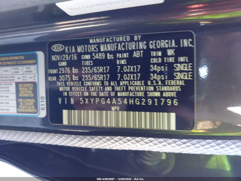 2017 Kia Sorento 3.3L Lx VIN: 5XYPG4A54HG291796 Lot: 43903687
